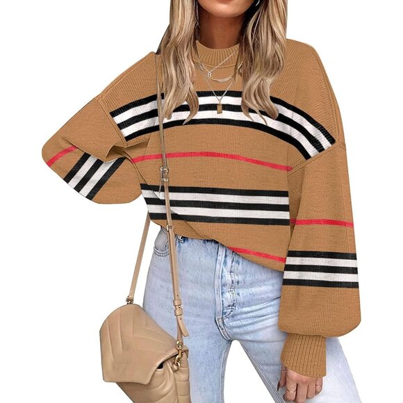 Sweaters - Women's Brown Batwing Long Sleeve Crew Neck Striped Oversized Pullover Sweater